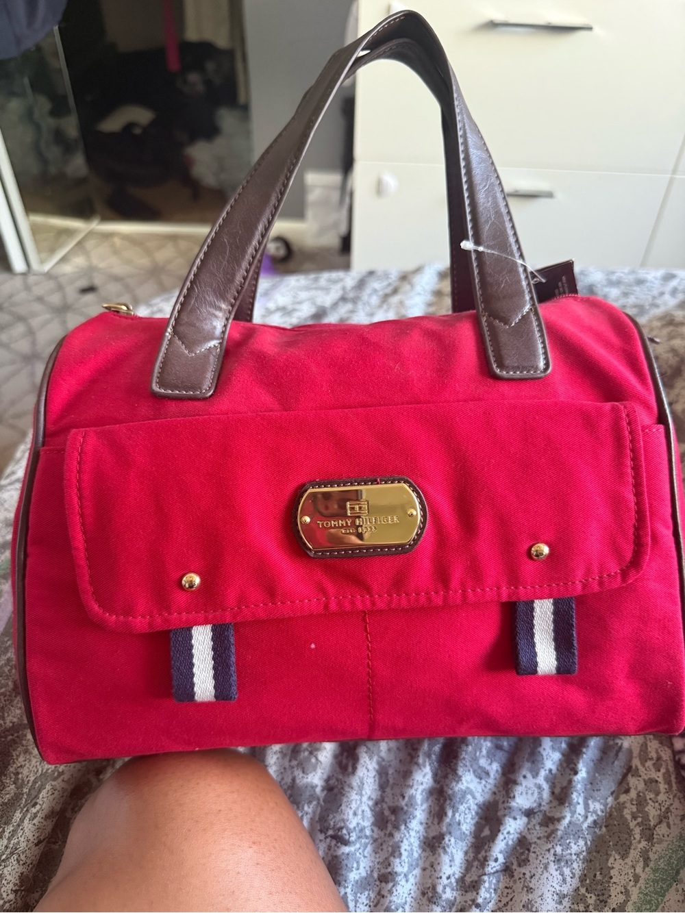 Tommy Hilfiger Bright Red Canvas Satchel with Brown Handles